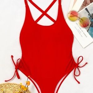 RED SIDE TIE ONE PIECE SWIMSUIT